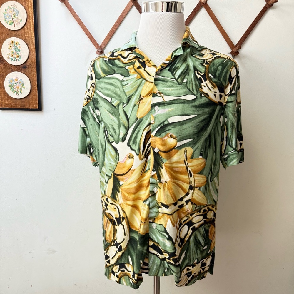 H&M Tropical Floral Leaf Snake Print Hawaiian Shirt